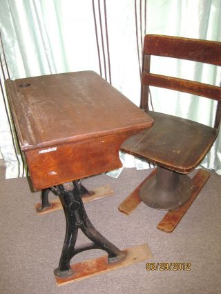 Antique Student W/ Patent Mark & Date Desk And Chair Unrestored Farm Fresh photo