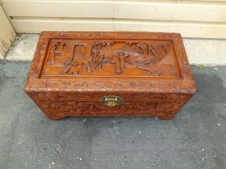 50664 Oriental Carved Trunk Storage Cabinet Blanket Chest photo