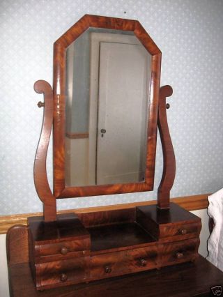 Antique Walnut & Burl 5 Drawer Dresser Top Mirror photo