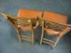 Antique Wood And Leather Folding Table With 4 Chairs Set - Rare 1900-1950 photo 6