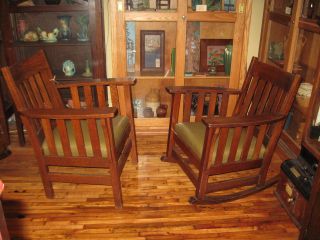 Mission Arts & Crafts Rocker & Chair Set Oak Leather photo