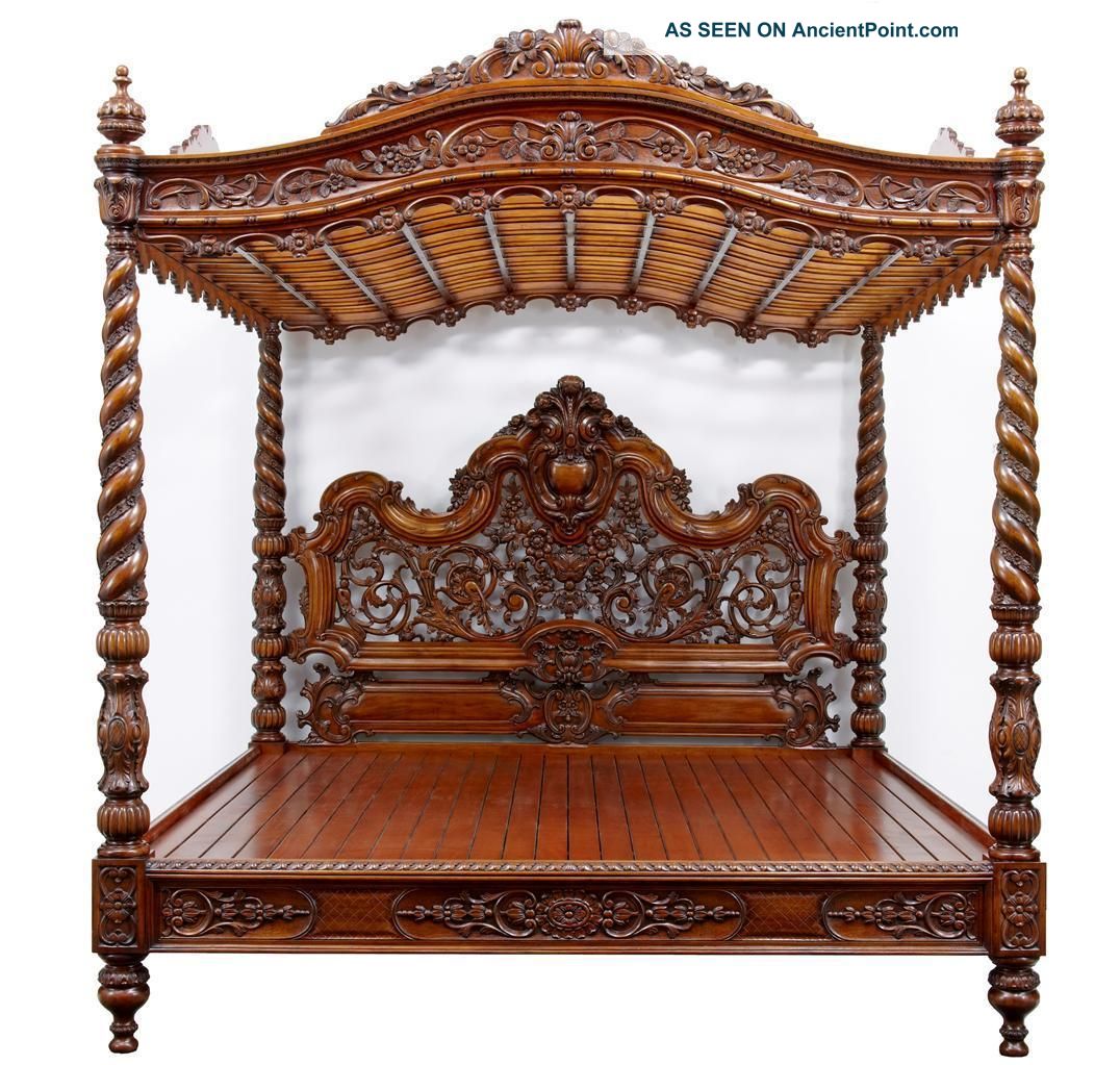 20th Century Baroque Rococo Carved Walnut Massive Four Poster Bed 1900-1950 photo