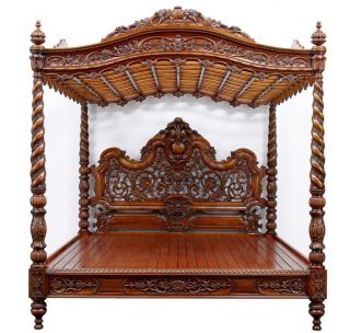 20th Century Baroque Rococo Carved Walnut Massive Four Poster Bed photo