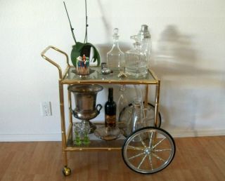 Mid Century Hollywood Regency Brass And Glass Bar Or Tea Serving Cart photo