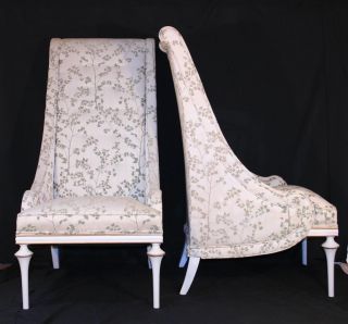 Pair Vintage Draped Hollywood Regency Tall Back Sloped Arm Chairs Baker Quality photo