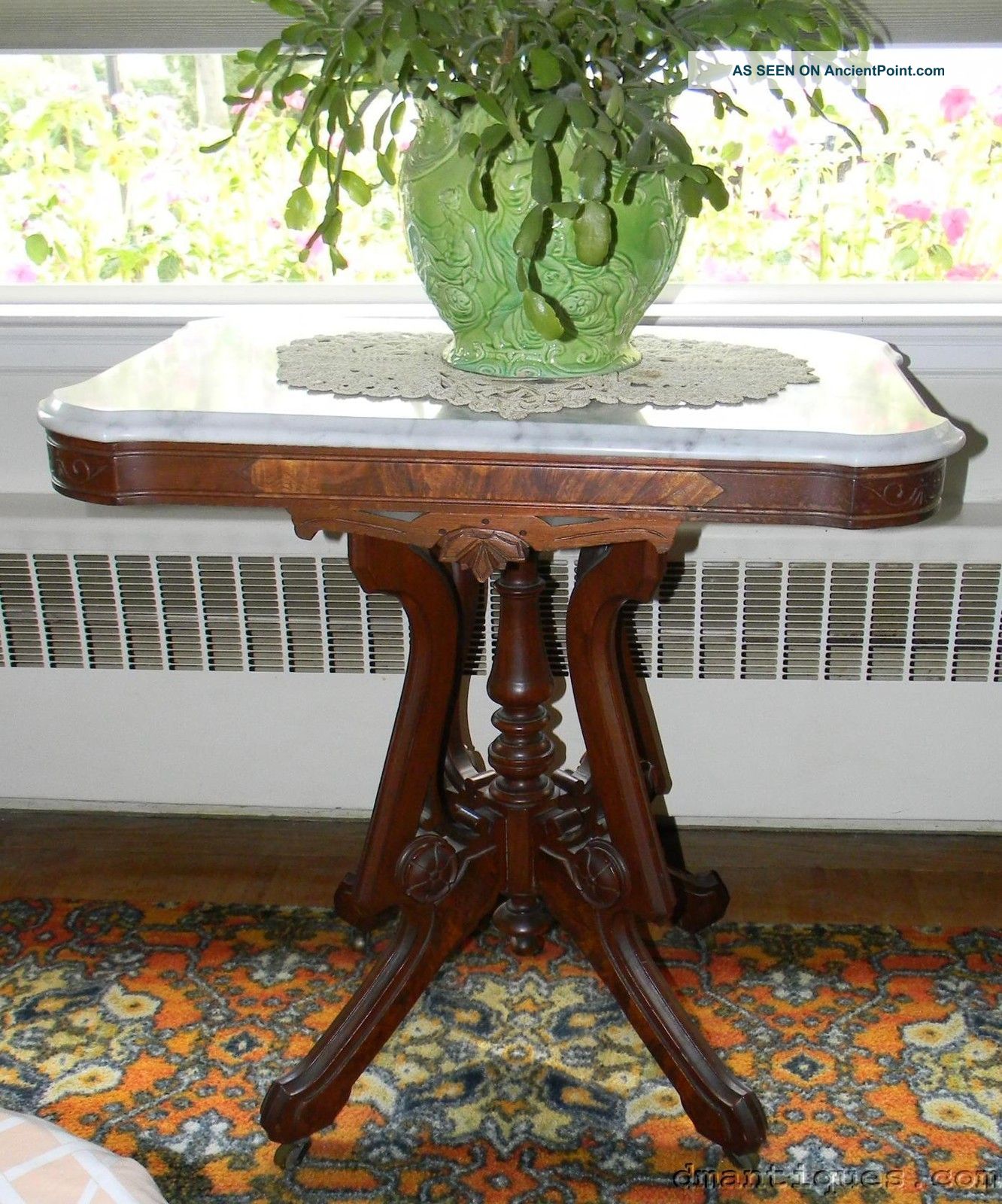 Antique Victorian Decorative Carved Walnut Marble - Top Lamp Table 1800-1899 photo