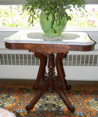 Antique Victorian Decorative Carved Walnut Marble - Top Lamp Table photo