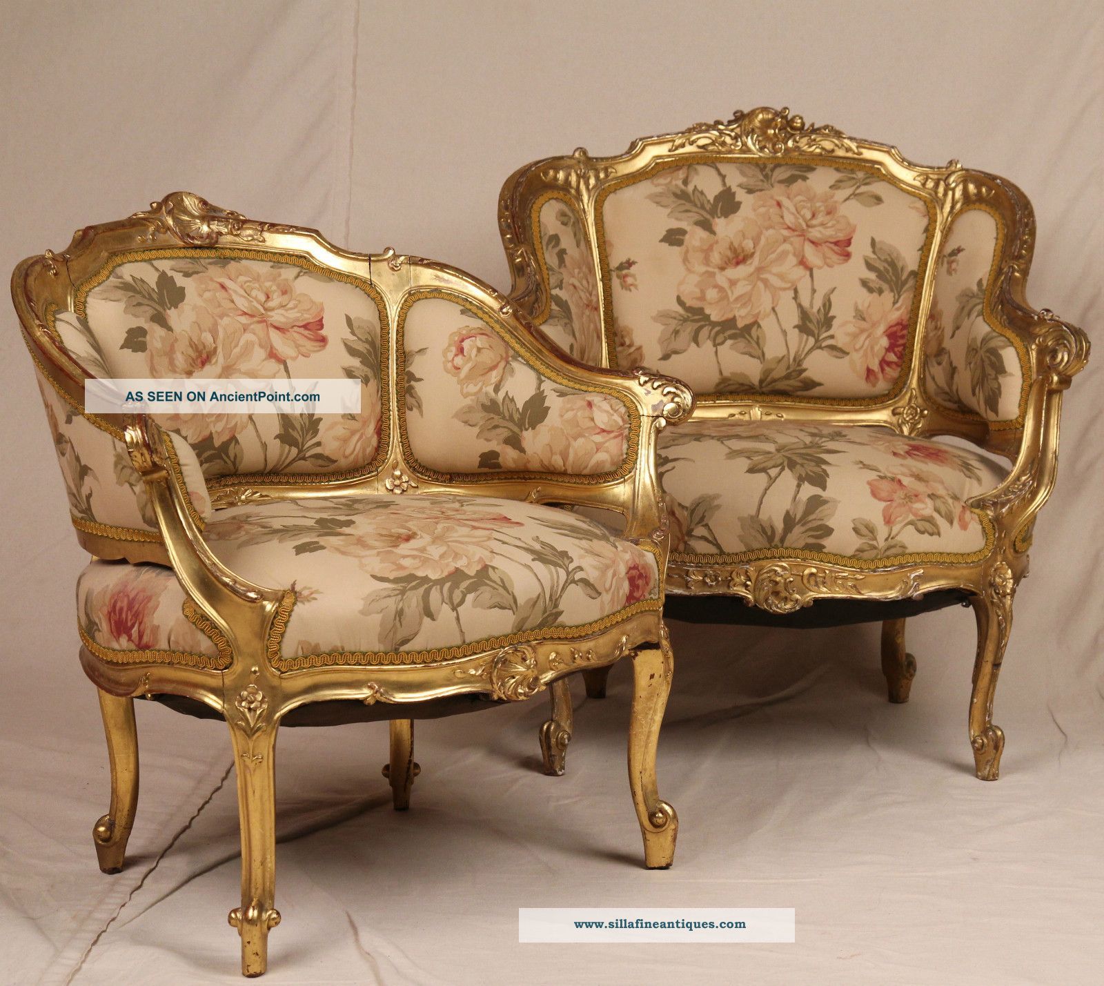 Pair Of French Louis Xv Gilt Gilded Carved Antique Arm Chairs Bergeres C1870 - 90 1800-1899 photo