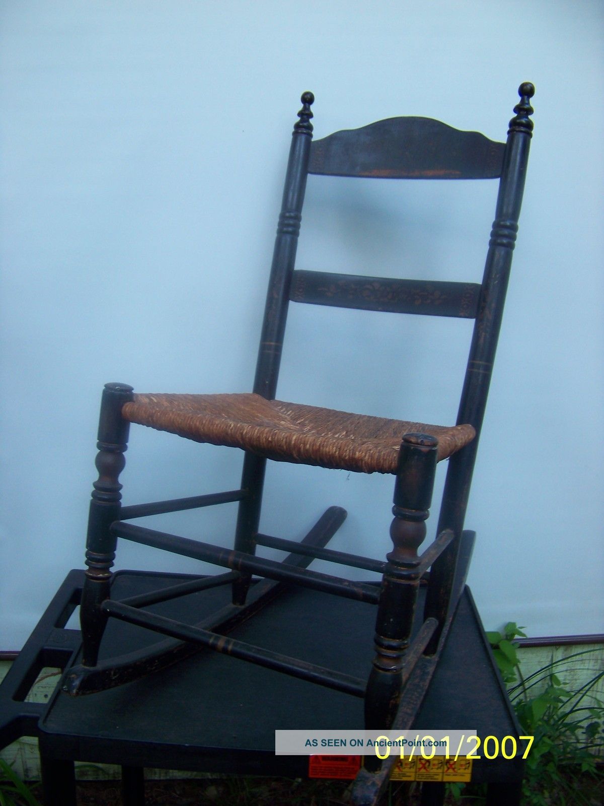 Antique Black Stenciled Sewing Rocker With Rush Bottom - & Sturdy 1900-1950 photo