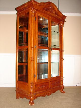 Mahogany Curio Cabinet,  Ornate China Closet,  Antique Reproduction,  Lighted photo