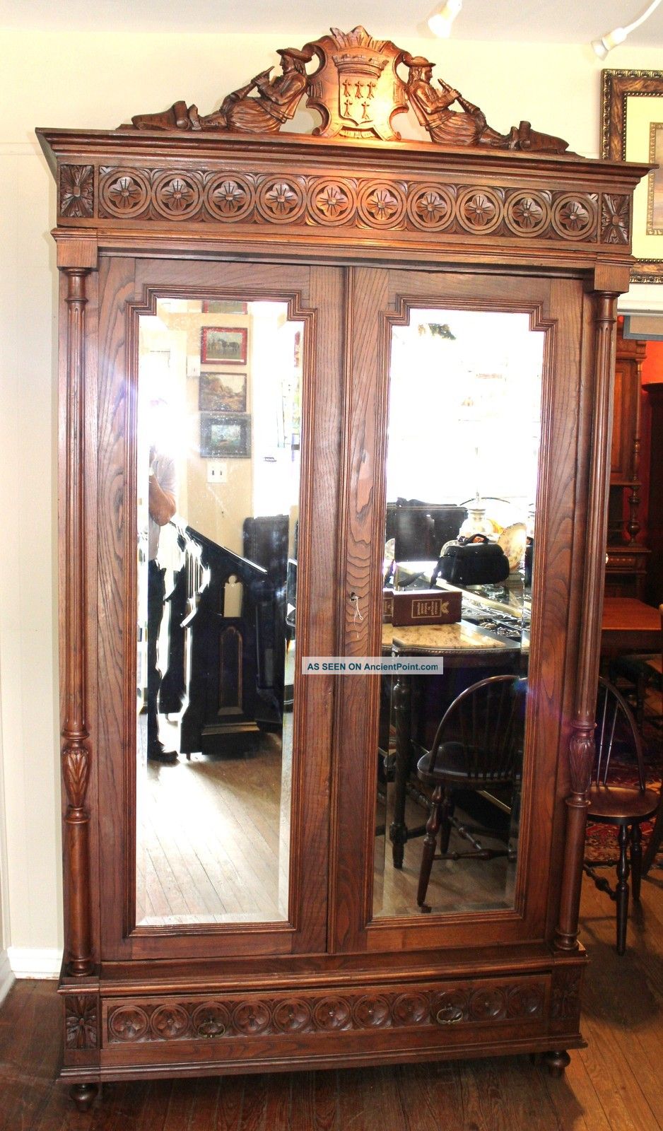 Exquisite French Antique Oak Breton Carved Double Door Armoire Beveled Mirrors 1800-1899 photo