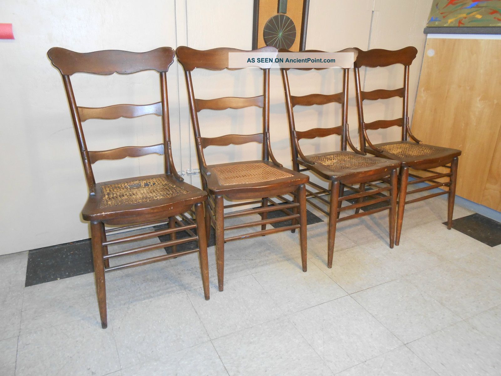 1940 ' S Set Of Four Oak Ladderback Cane Seat Diner Chairs Post-1950 photo