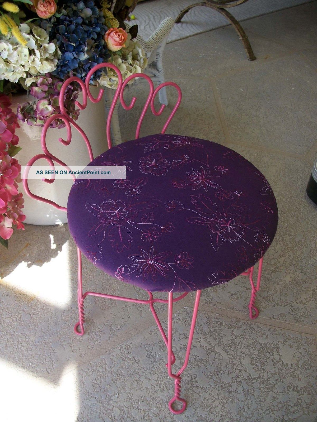 Vanity Stool Chair Purple Pink Home Decor, Vintage Wrought Iron Vanity Stool