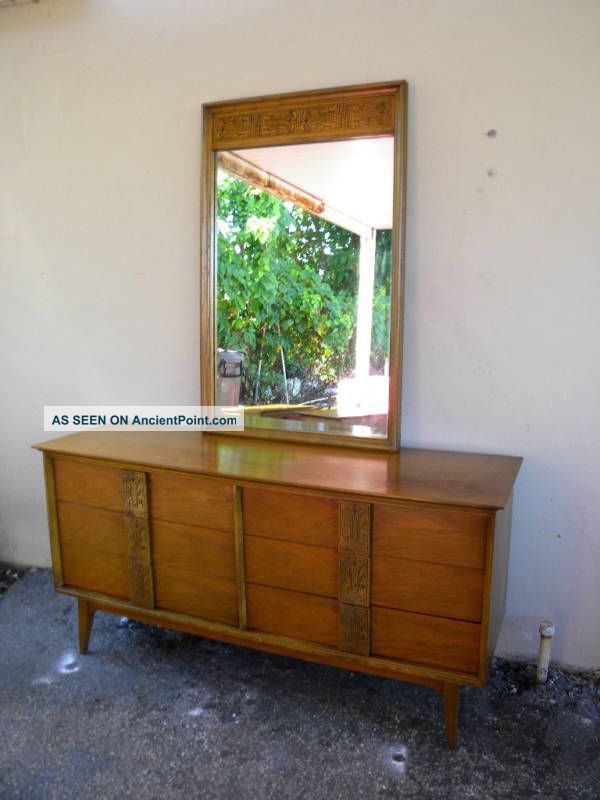 Mid Century Modern Hand Carved Low Dresser With Mirror Post-1950 photo