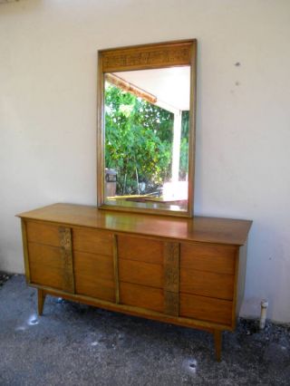 Mid Century Modern Hand Carved Low Dresser With Mirror photo