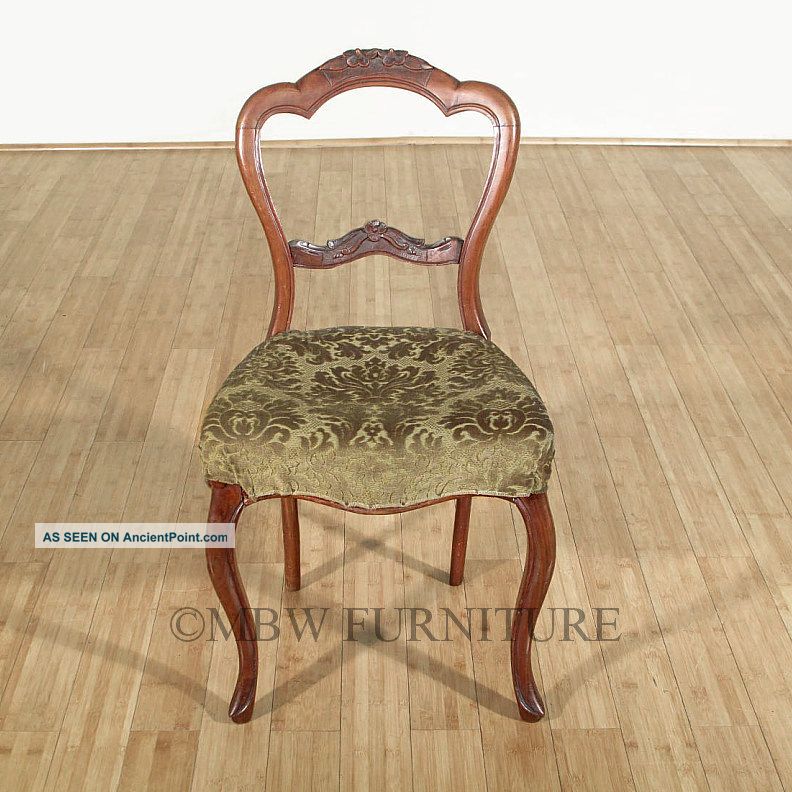 Antique English Solid Walnut Victorian Green Seat Side Chair C1850 P43a 1800-1899 photo