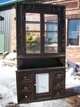 Solid Walnut Built - In Cupboard Hutch W/ Beveled Glass = photo