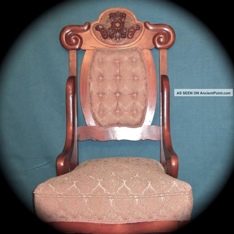 Outstanding Carved Victorian Chair W/tufted Upholstery+ Htf Average Height Seat 1800-1899 photo