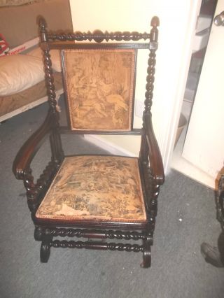 Antique Mahogany Rocking Chair Circa 1900 With Tapestry Fabric photo