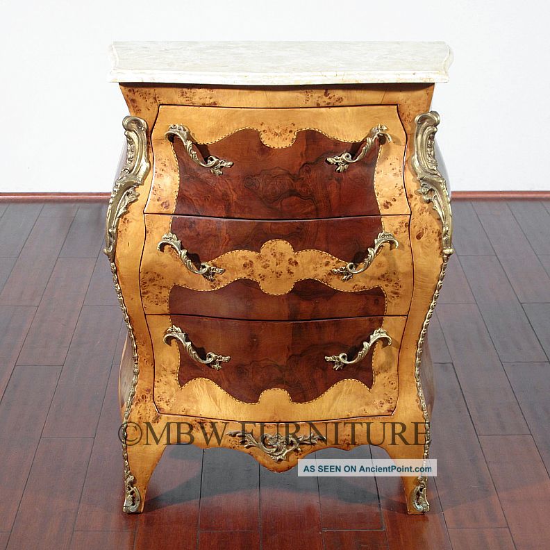 Vintage Mahogany Golden Walnut French Bombe Chest Nightstand Side Table W/ Marbl Post-1950 photo