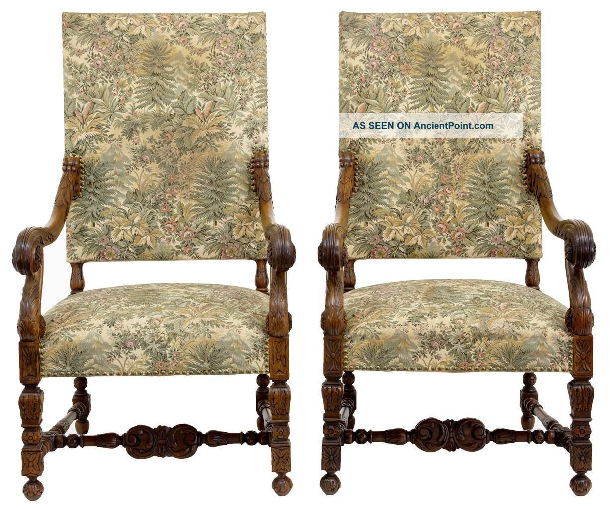 Pair Of 19th Century Antique French Walnut Throne Armchairs 1800-1899 photo