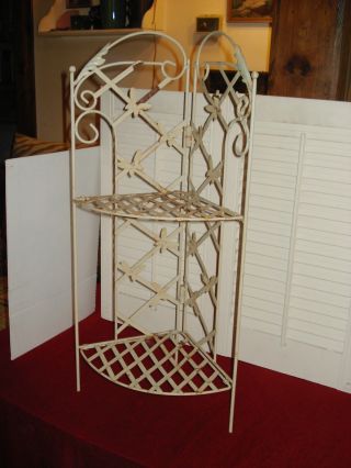 Vintage White Metal Two Shelf Folding Corner Stand Chic Country Shabby Ornate photo