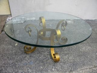 Mid - Century Gold - Leaf Glass Top Round Iron Coffee Table 1762 photo