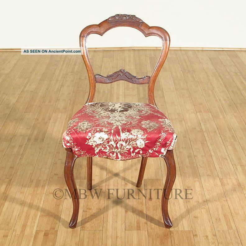 Antique English Solid Walnut Victorian Maroon Seat Side Chair C1850 P43c 1800-1899 photo