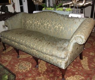 Antique Chippendale Camelback Sofa W Green & Beige Silk Damask photo