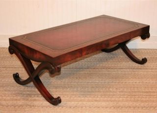 Vtg Weiman Hollywood Regency X Base Leather Top Flamed Mahogany Coffee Table photo
