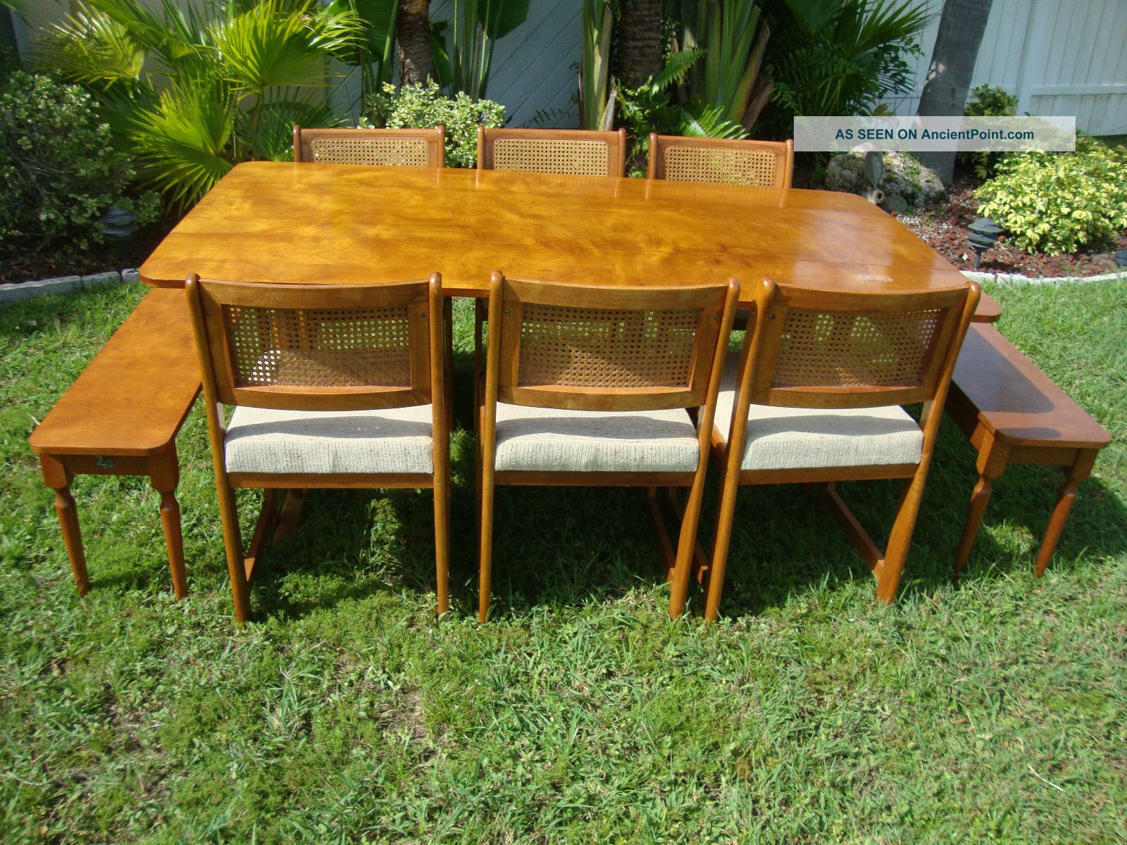 Solid Walnut Mid Century Drop Leaf Table 6 Cane Back Chairs 2