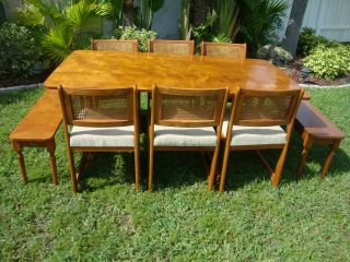 Solid Walnut Mid Century Drop Leaf Table,  6 Cane Back Chairs & 2 Hidden Benches photo