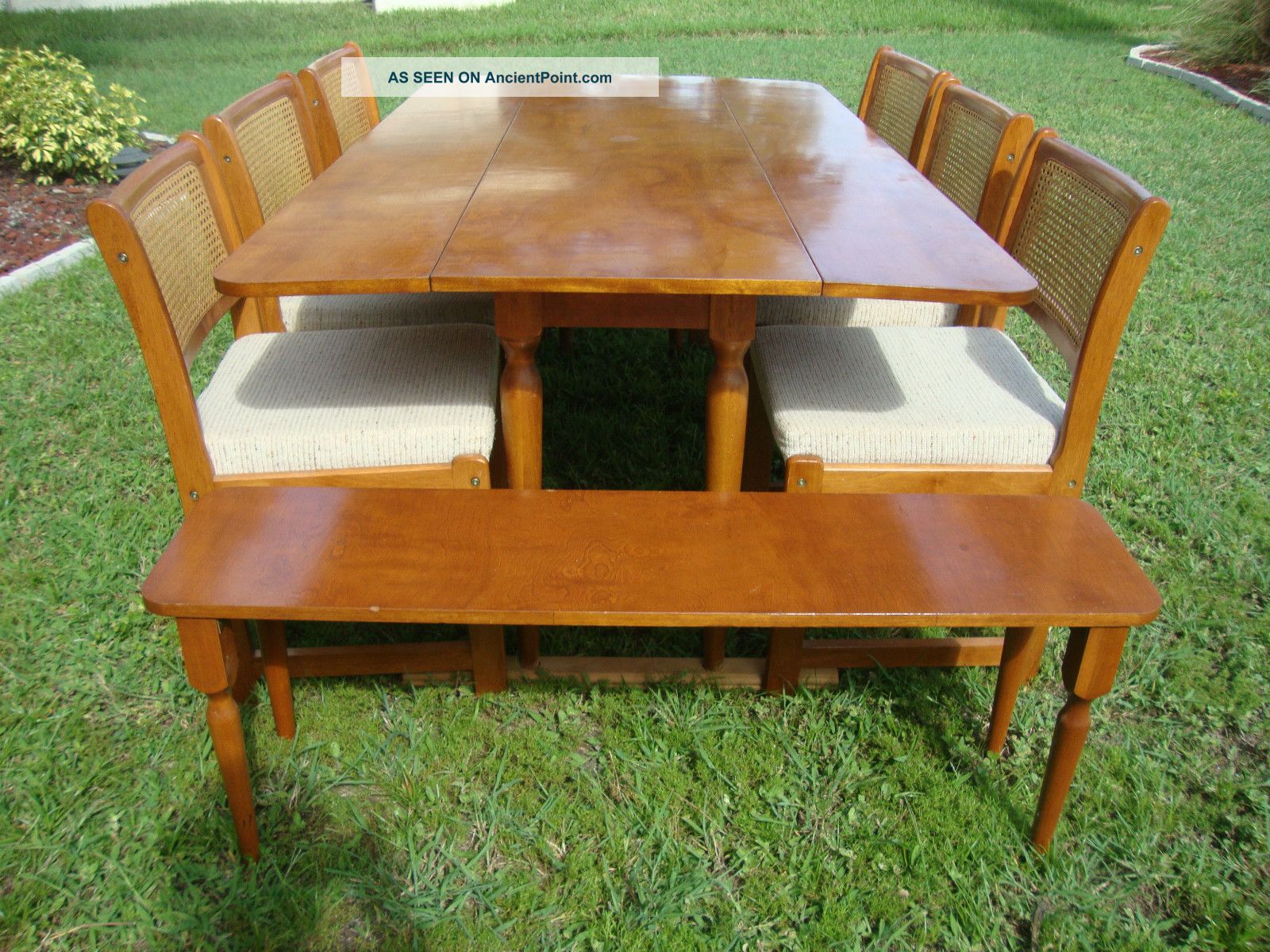 Solid Walnut Mid Century Drop Leaf Table 6 Cane Back Chairs 2