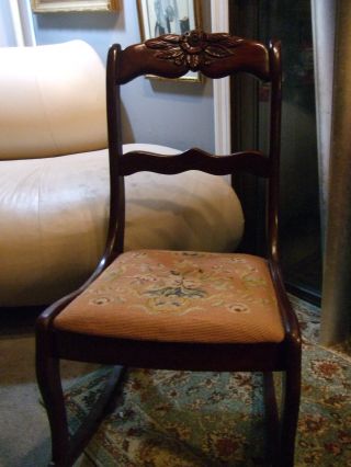 Antique 1940 ' S Solid Mahogany Child Rocking Chair With Tapestry Seat photo