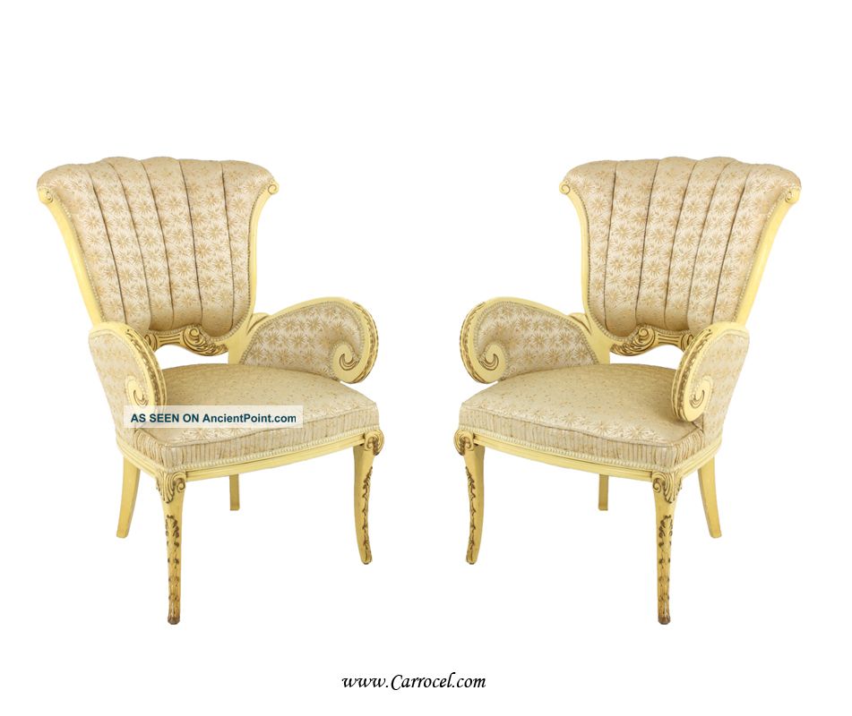 Pair Of Antique Hollywood Regency Cream Parlor Arm Chairs 1900-1950 photo
