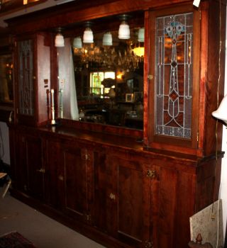 Antique Arts And Crafts Leaded Stained Glass Back Bar Circa 1900 Mohogony Finish photo