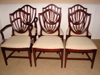 Ethan Allen Vintage Mahogany Shield Back Dining Room Chairs,  Six,  New Upholstery photo