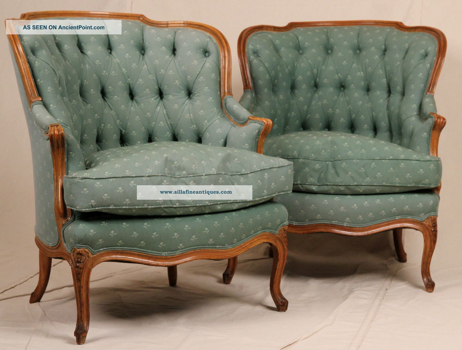 Pair Of French Louis Xv Antique Tufted Barrel Or Wing Back Bergere Arm Chairs 1800-1899 photo