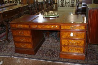 Great Burled Walnut Leather Top Executive English Desk W File Drawers Custom photo