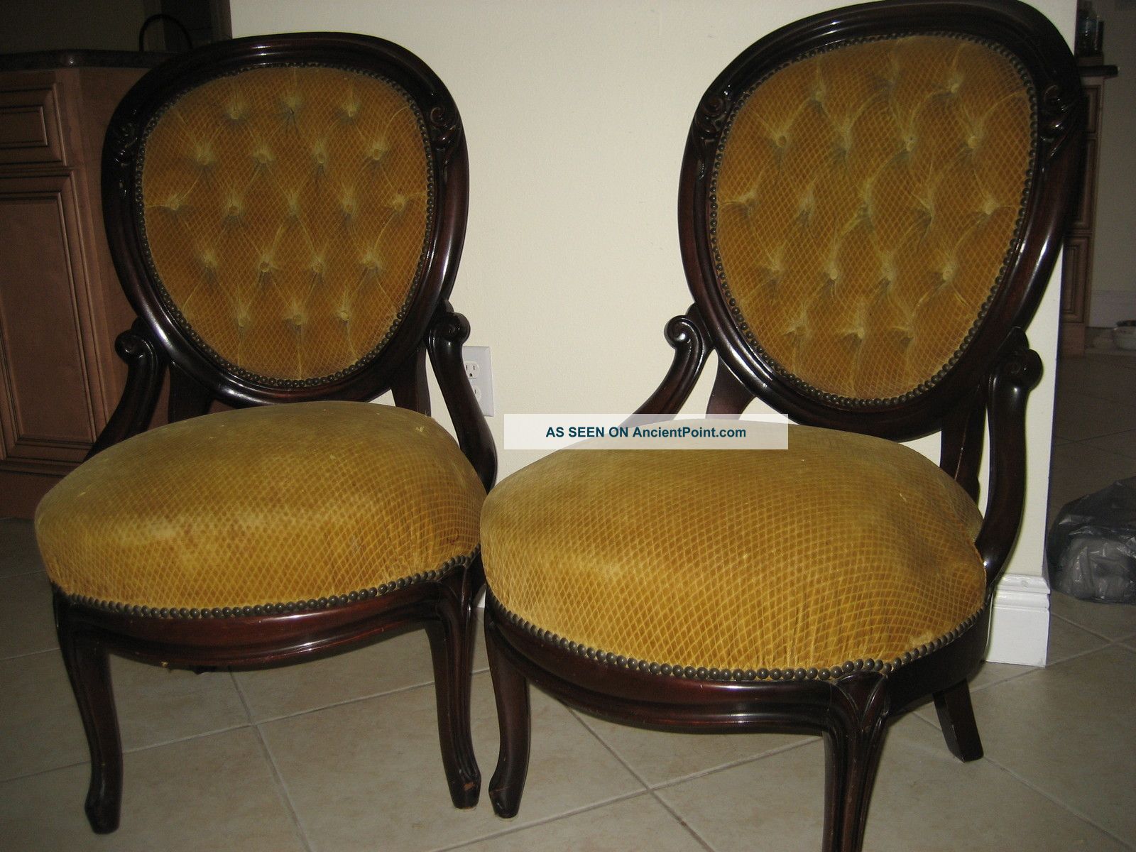 Antique French Pair Chairs Rosewood Rococo Handcarved Ornate Decor Tufted Back 1800-1899 photo