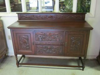 Antique English Tiger Oak Barley Twist Sideboard Carved Accents photo