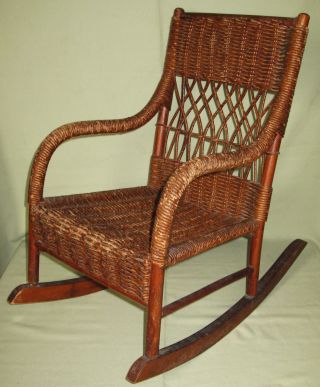 Antique Childs Youth Rocker Woven Seat Back Wood Frame Wrapped Finish photo