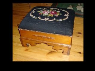 Antique Victorian Needlepoint Footstool Foot Stool Square Cut photo