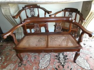 Antique Oak And Wicker Miniature Childs Or Dolls Chairs And Settee Circa 1910. photo