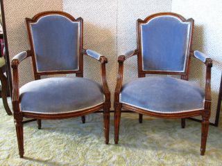 French Country Provincial Louis Xvi Style Carved Wood Arm Chairs Upholstered photo