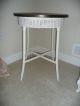 Antique Vintage Ivory Wicker Accent Table W English Brown 24 Inch Tabletop Post-1950 photo 1