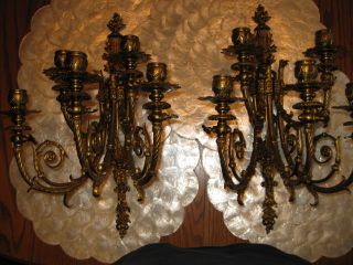 Antigue Victorian Gilded Brass Gas Candelabra Wall Sconces.  With Wall Brackets. photo