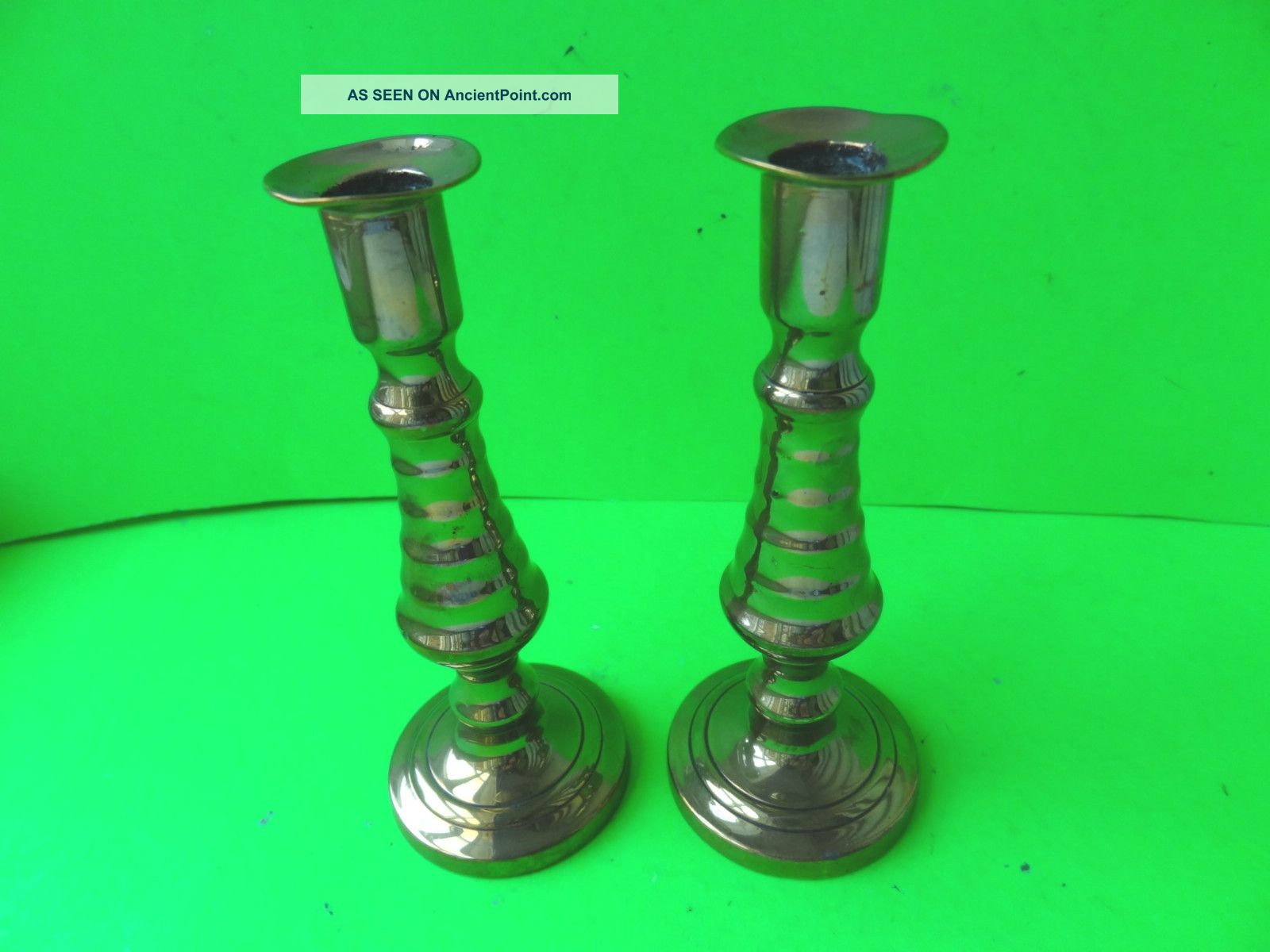 Pair Of Antique Brass Round Base Miniature Candlesticks.  4.  7/8ths Inches High Metalware photo