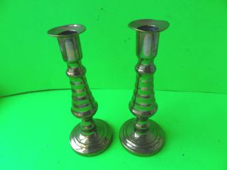 Pair Of Antique Brass Round Base Miniature Candlesticks.  4.  7/8ths Inches High photo