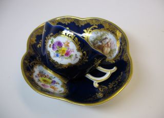 Antique Early Meissen Quatrefoil Cup And Saucer Cobalt With Watteau Scene photo